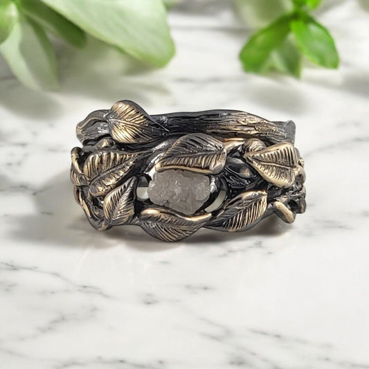 Black Rhodium Raw Diamond Leaf & Branch Wedding Set (2 Rings) - DV Jewelry Designs