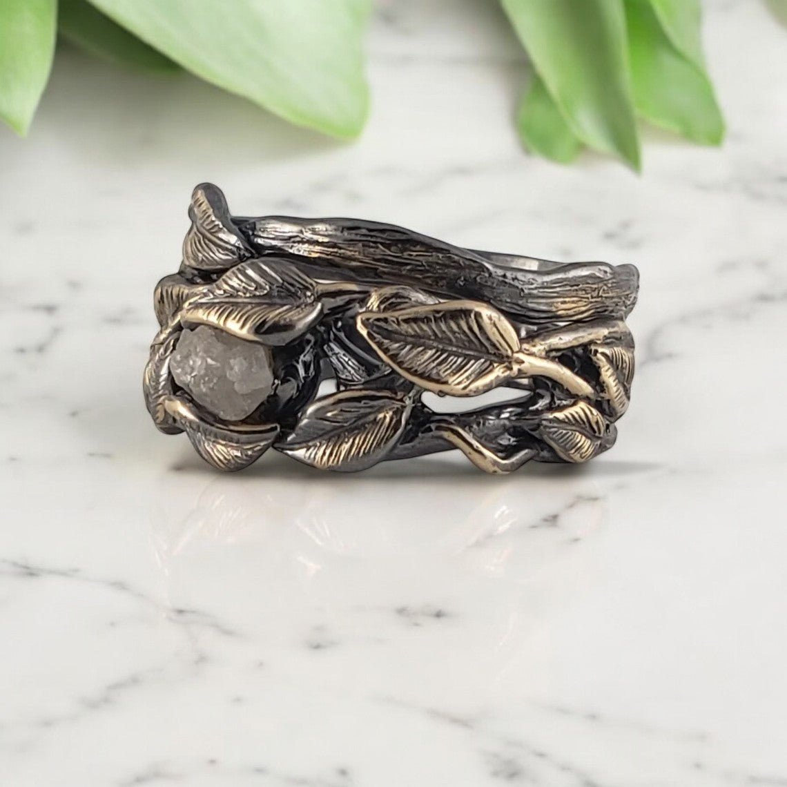 Black Rhodium Raw Diamond Leaf & Branch Wedding Set (2 Rings) - DV Jewelry Designs