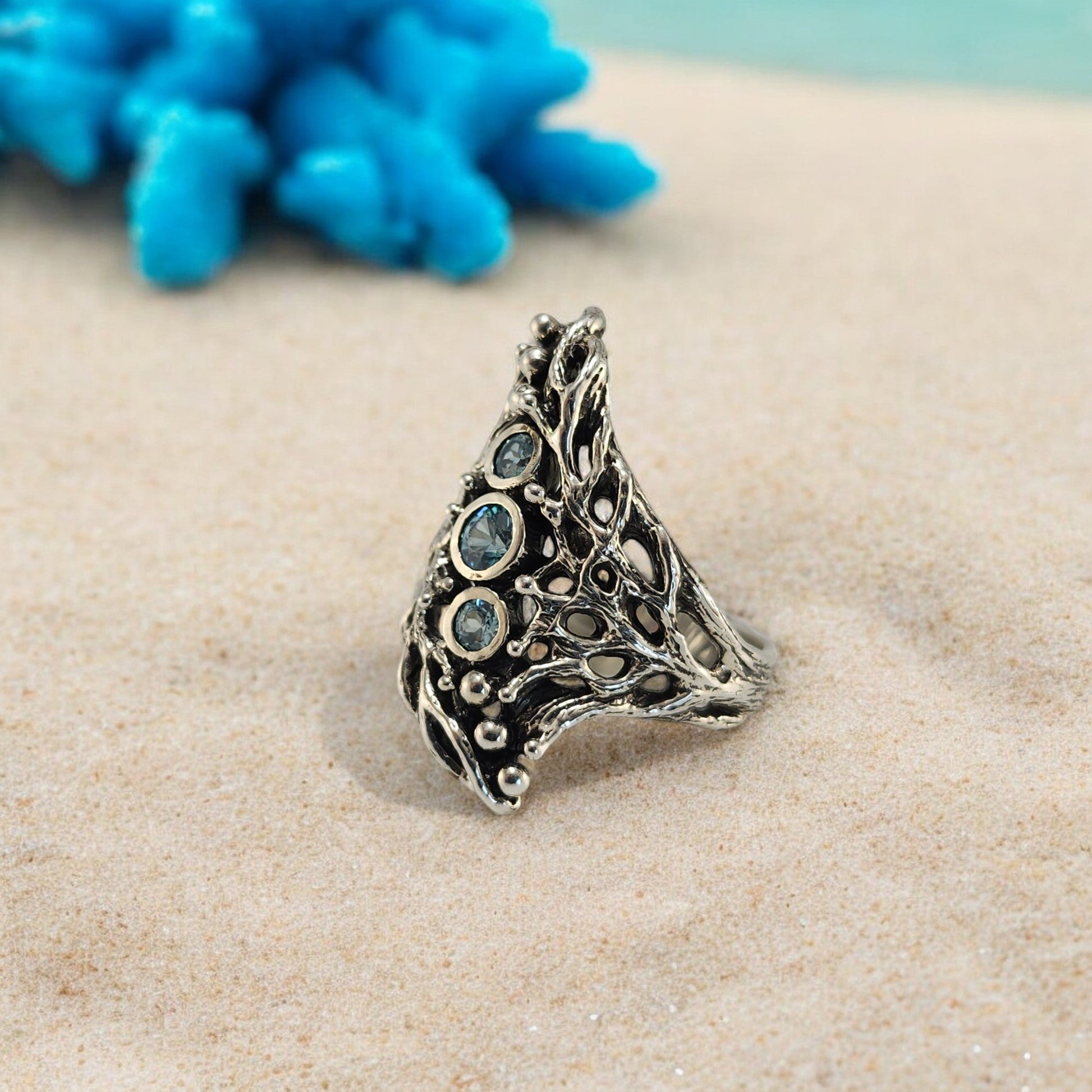 Blue Natural Zircons Gemstones in a Sterling Silver Sea Fan Coral Hand - sculpted Ring - DV Jewelry Designs