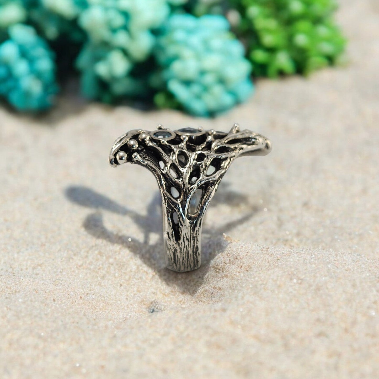 Blue Natural Zircons Gemstones in a Sterling Silver Sea Fan Coral Hand - sculpted Ring - DV Jewelry Designs