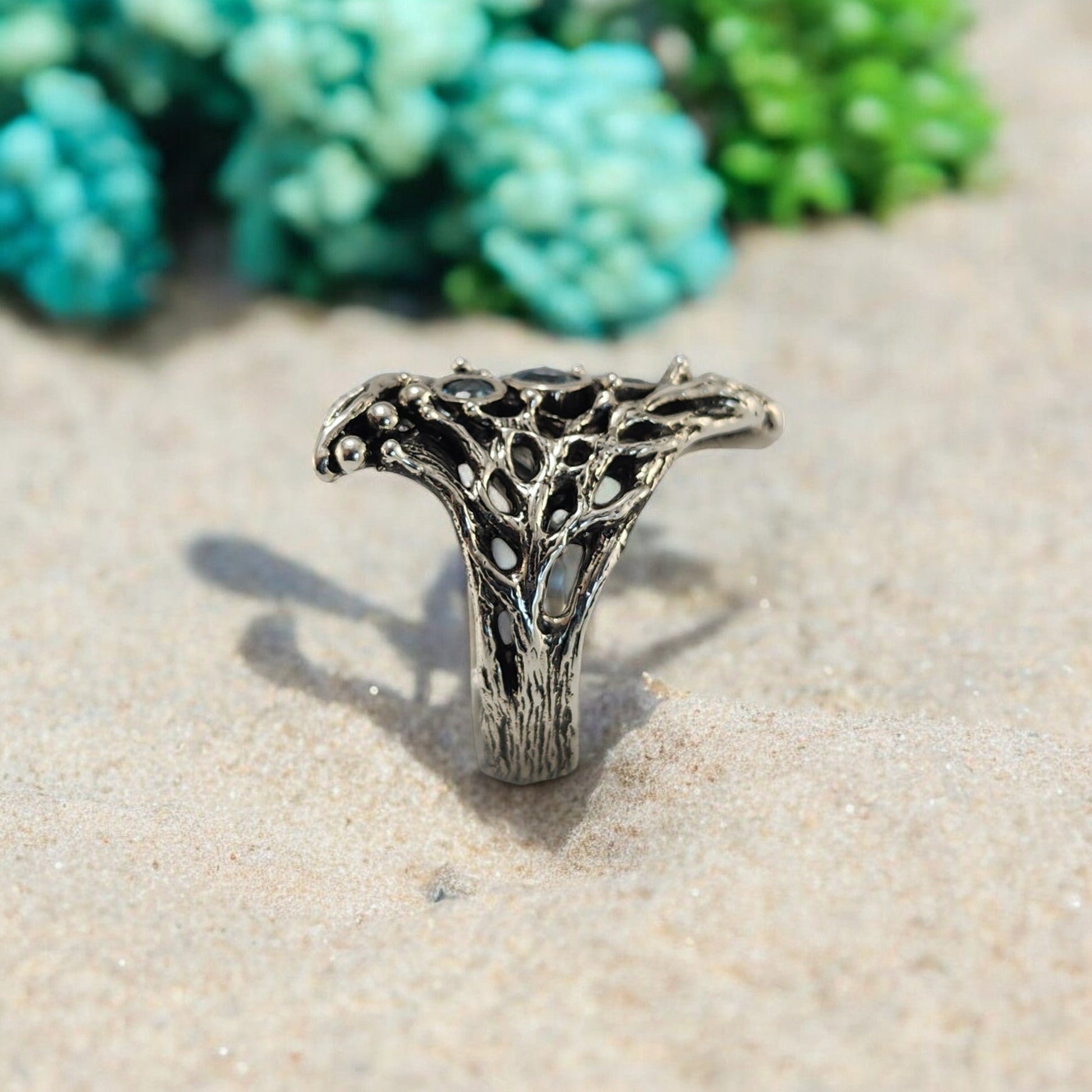 Blue Natural Zircons Gemstones in a Sterling Silver Sea Fan Coral Hand - sculpted Ring - DV Jewelry Designs
