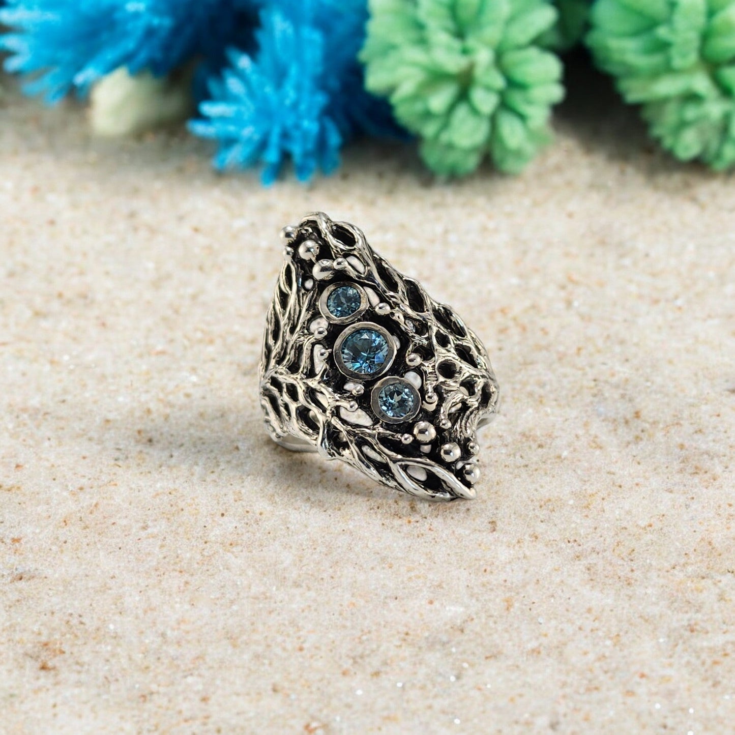 Blue Natural Zircons Gemstones in a Sterling Silver Sea Fan Coral Hand - sculpted Ring - DV Jewelry Designs