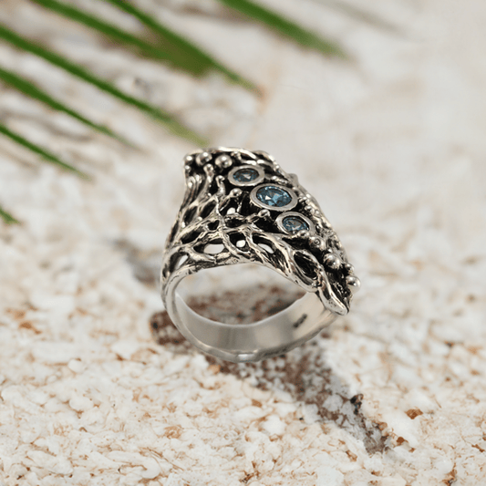 Blue Natural Zircons Gemstones in a Sterling Silver Sea Fan Coral Hand - sculpted Ring - DV Jewelry Designs