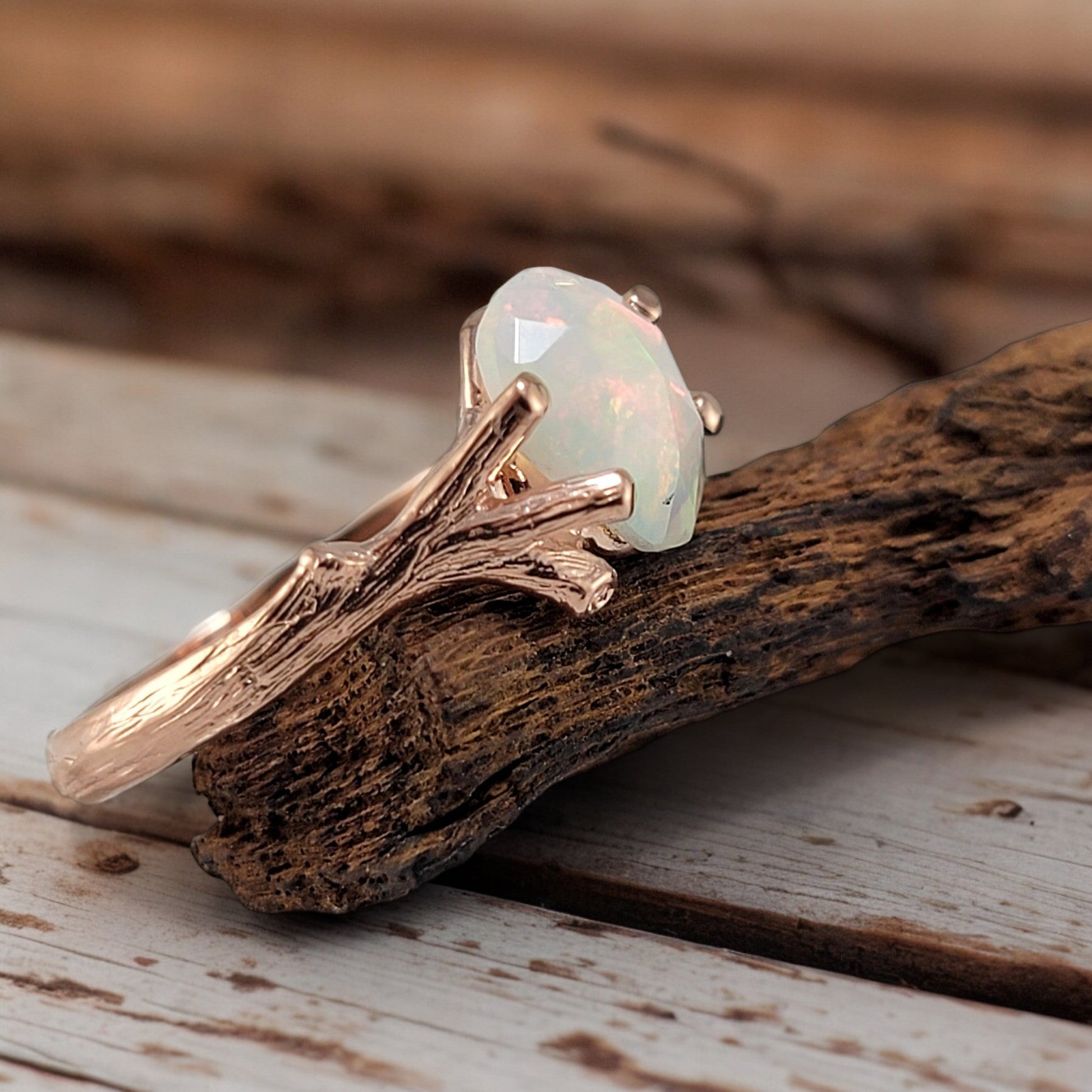 Ethiopian Rose Cut Opal Twig Engagement Ring in 14k Rose Gold - DV Jewelry Designs