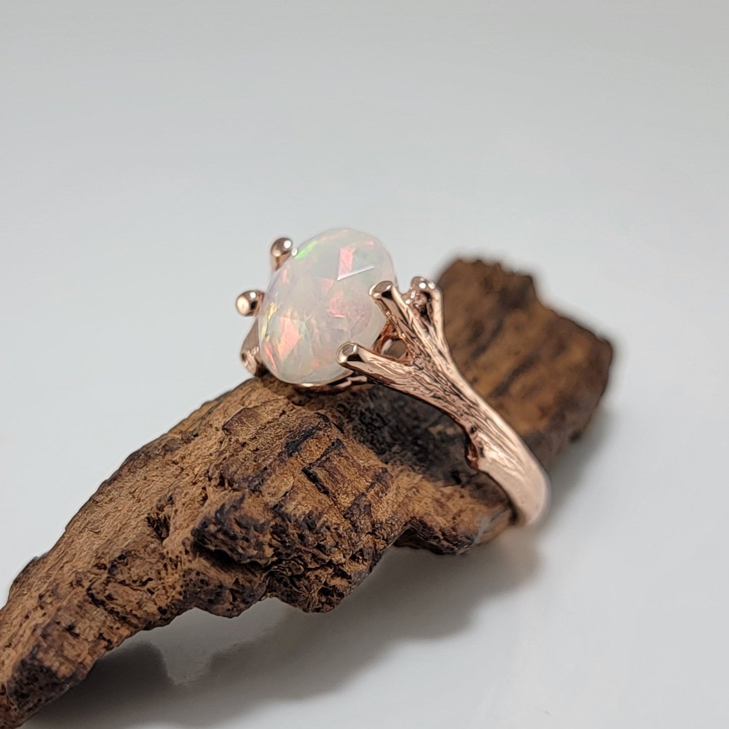 Ethiopian Rose Cut Opal Twig Engagement Ring in 14k Rose Gold - DV Jewelry Designs