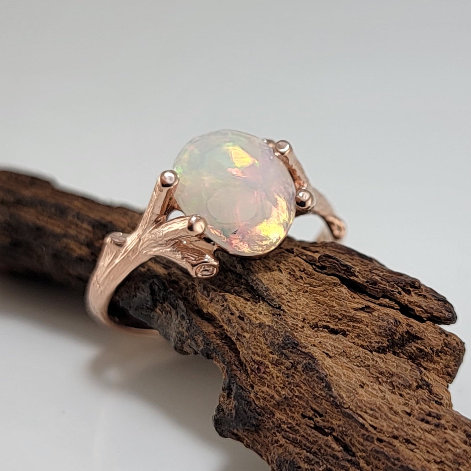 Ethiopian Rose Cut Opal Twig Engagement Ring in 14k Rose Gold - DV Jewelry Designs