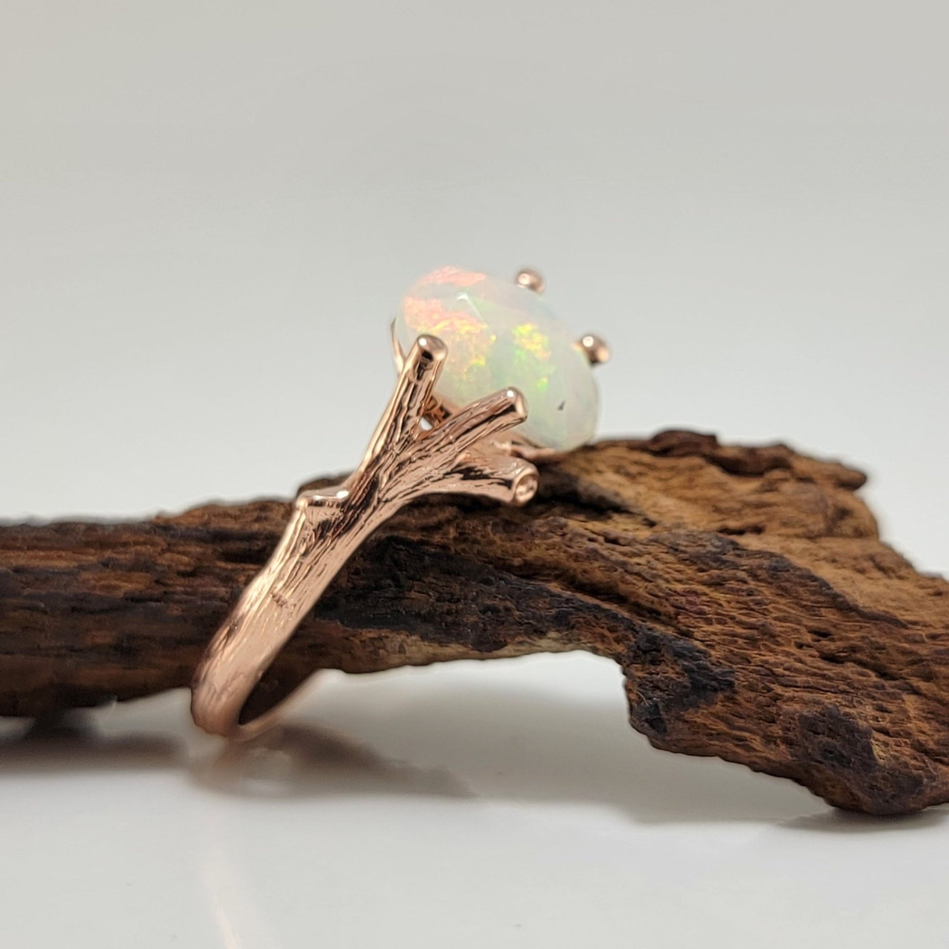 Ethiopian Rose Cut Opal Twig Engagement Ring in 14k Rose Gold - DV Jewelry Designs