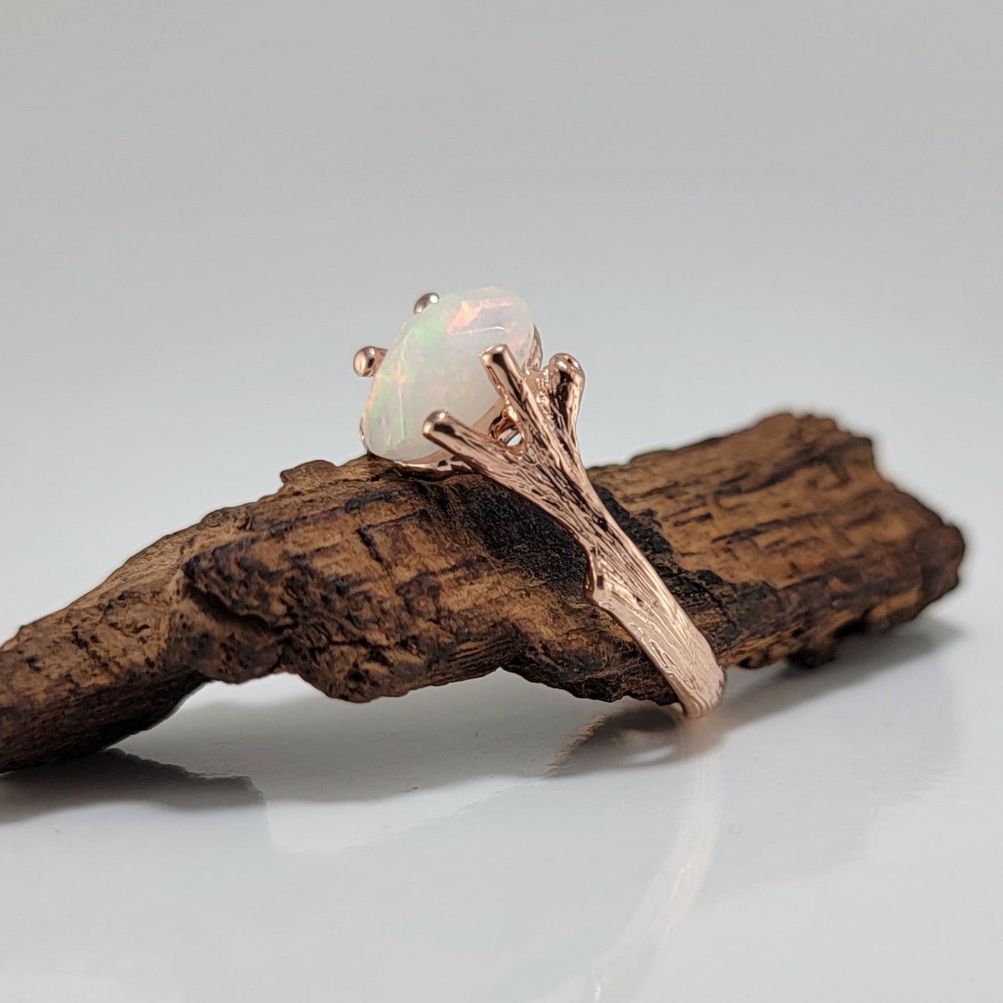 Ethiopian Rose Cut Opal Twig Engagement Ring in 14k Rose Gold - DV Jewelry Designs