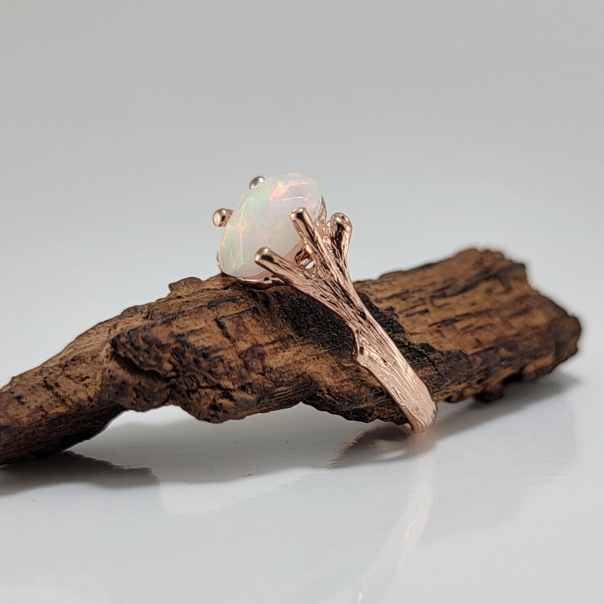 Ethiopian Rose Cut Opal Twig Engagement Ring in 14k Rose Gold - DV Jewelry Designs