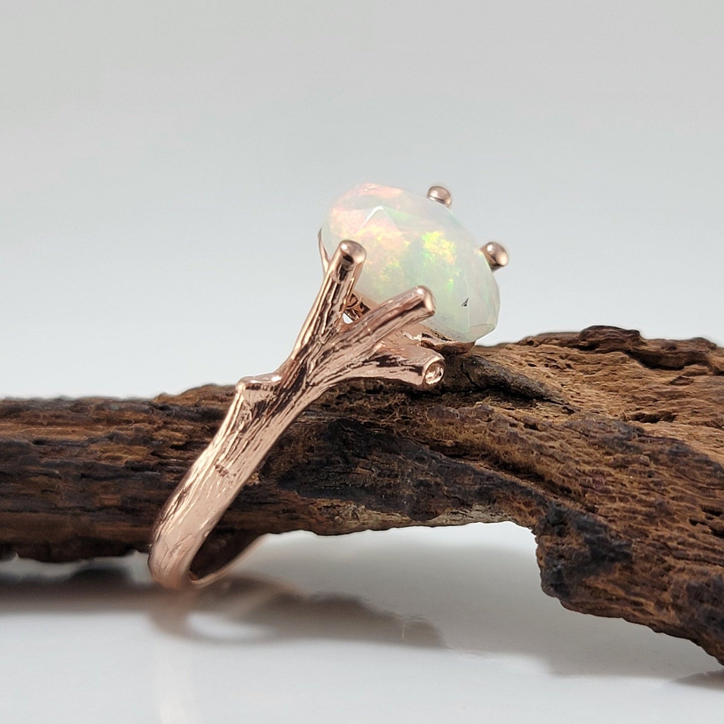 Ethiopian Rose Cut Opal Twig Engagement Ring in 14k Rose Gold - DV Jewelry Designs