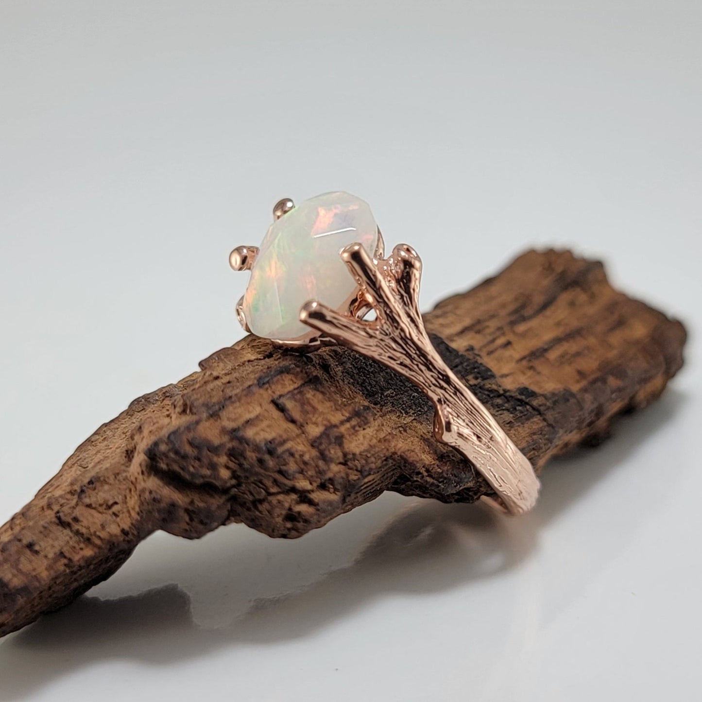 Ethiopian Rose Cut Opal Twig Engagement Ring in 14k Rose Gold - DV Jewelry Designs