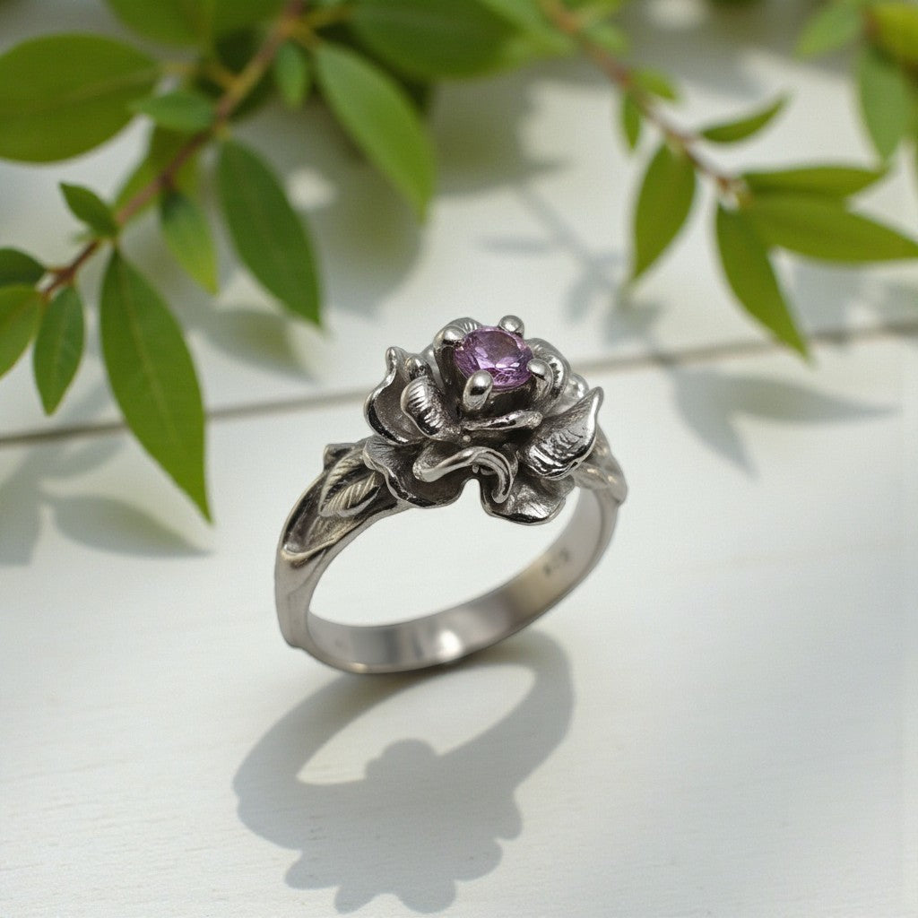 Pink Sapphire Rose Ring in Sterling Silver - DV Jewelry Designs #
