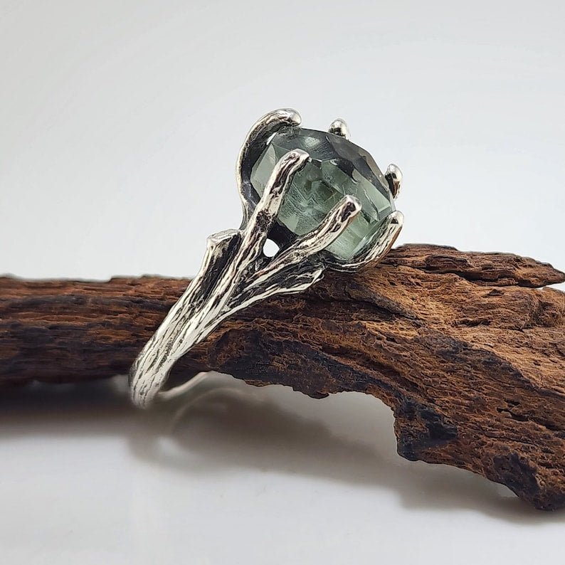 Green Amethyst Sterling Silver Engagement Ring Set - DV Jewelry Designs