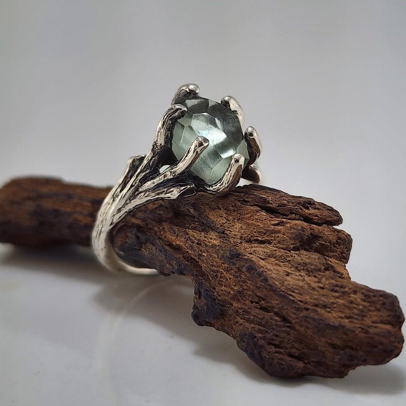 Green Amethyst Sterling Silver Engagement Ring Set - DV Jewelry Designs