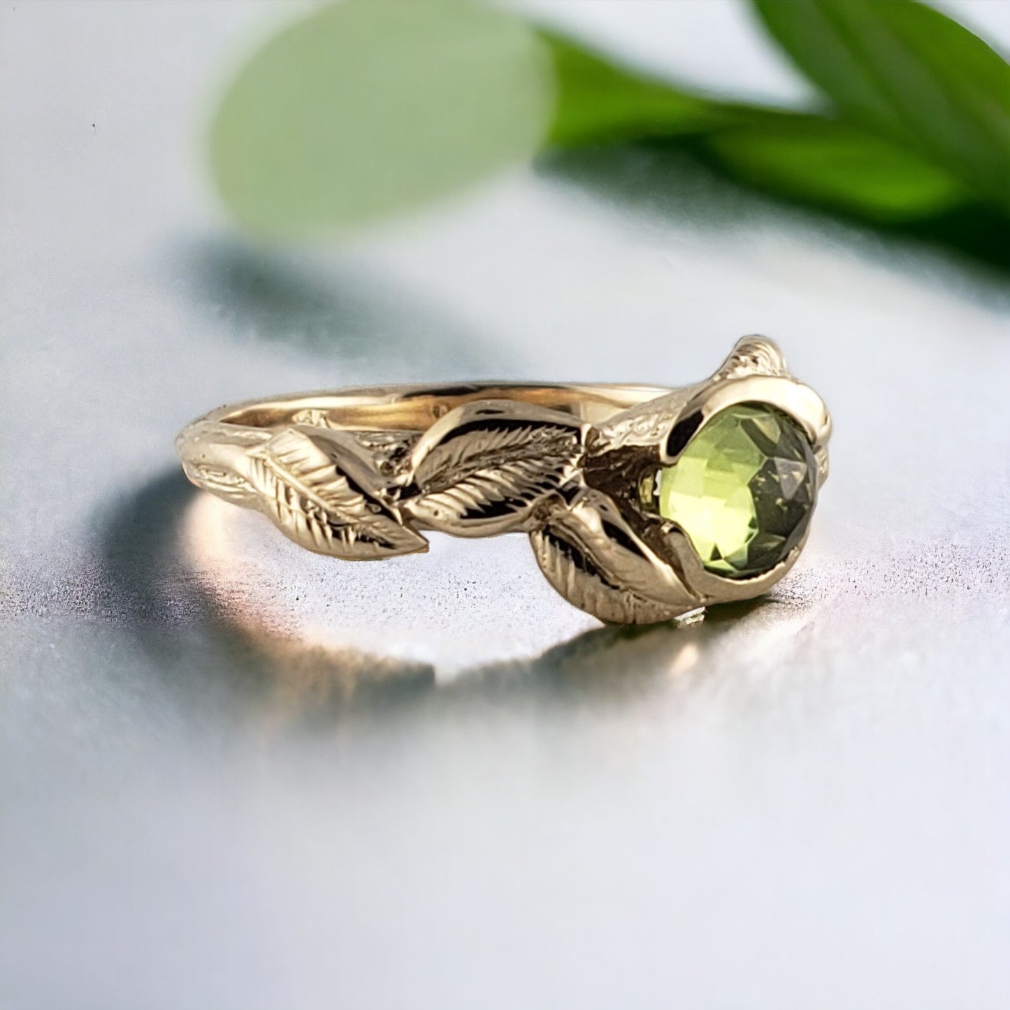 Rose Cut Peridot Leaf Ring - DV Jewelry Designs 