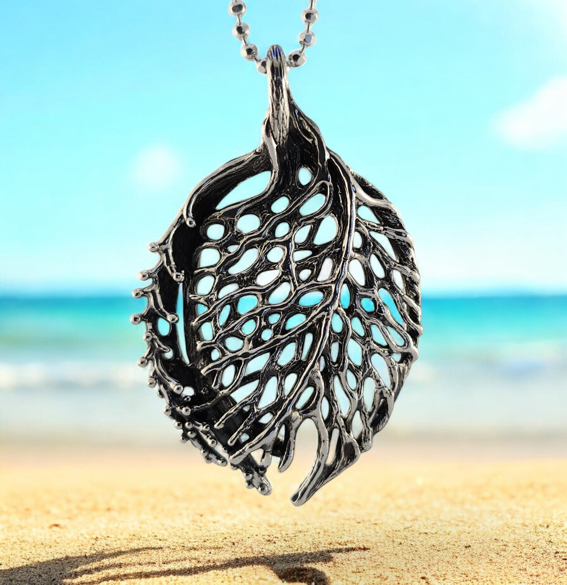 Handmade Coral Sea Fan Silver Pendant with Tiny Sea Bubbles - DV Jewelry Designs