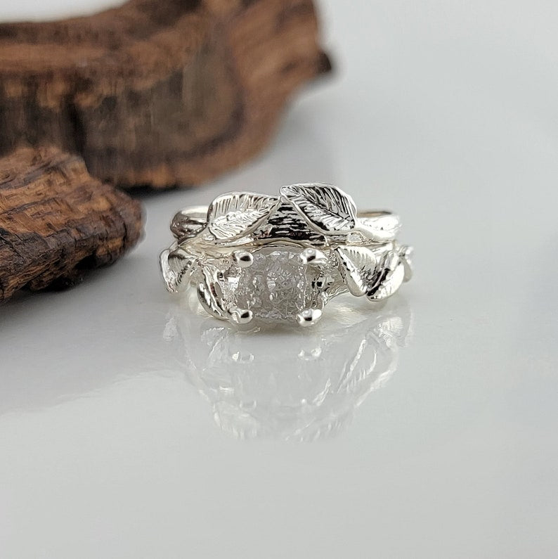 Sterling Silver Leaf and Twig Raw Diamond Ring
