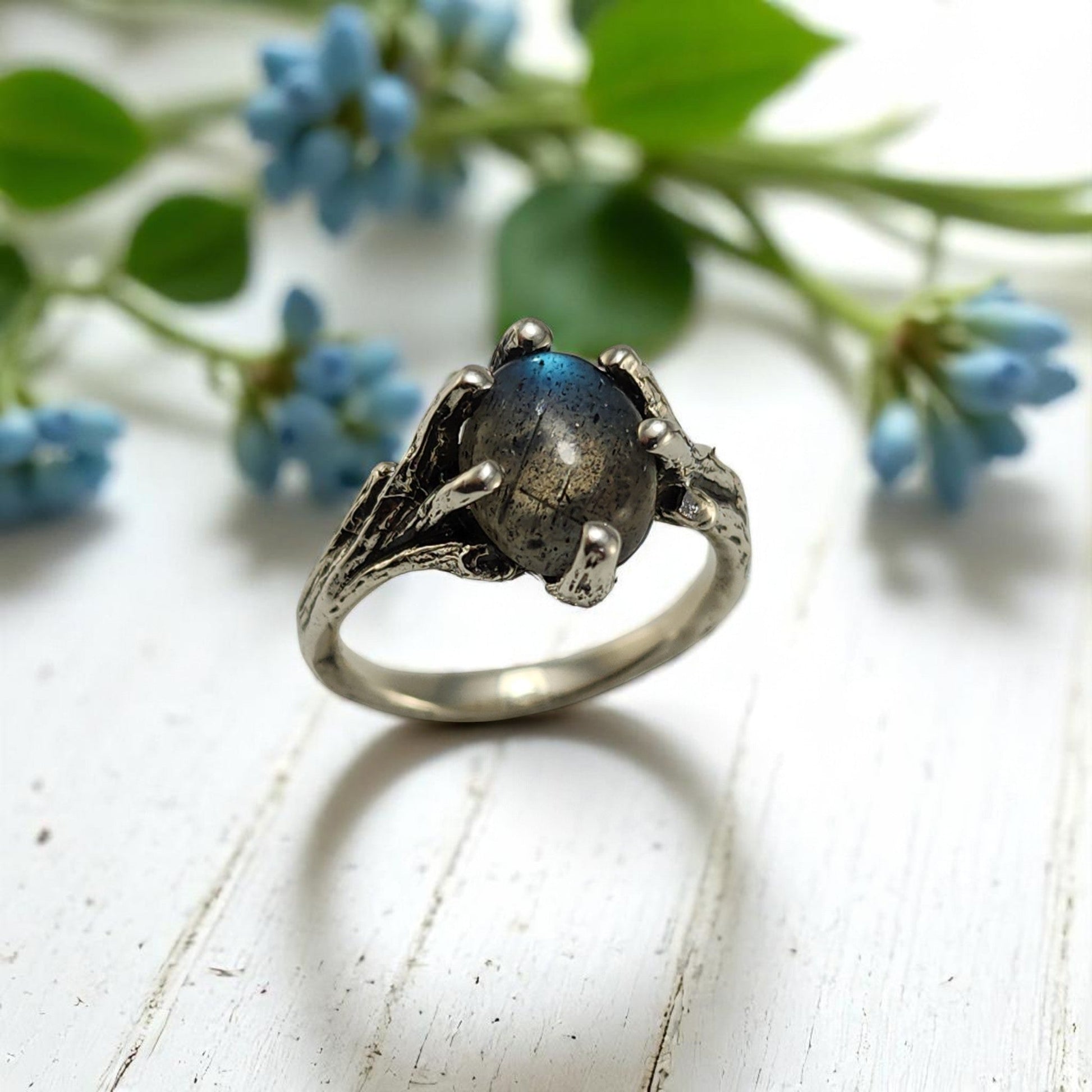 Labradorite Gemstone Silver Twig Ring - DV Jewelry Designs