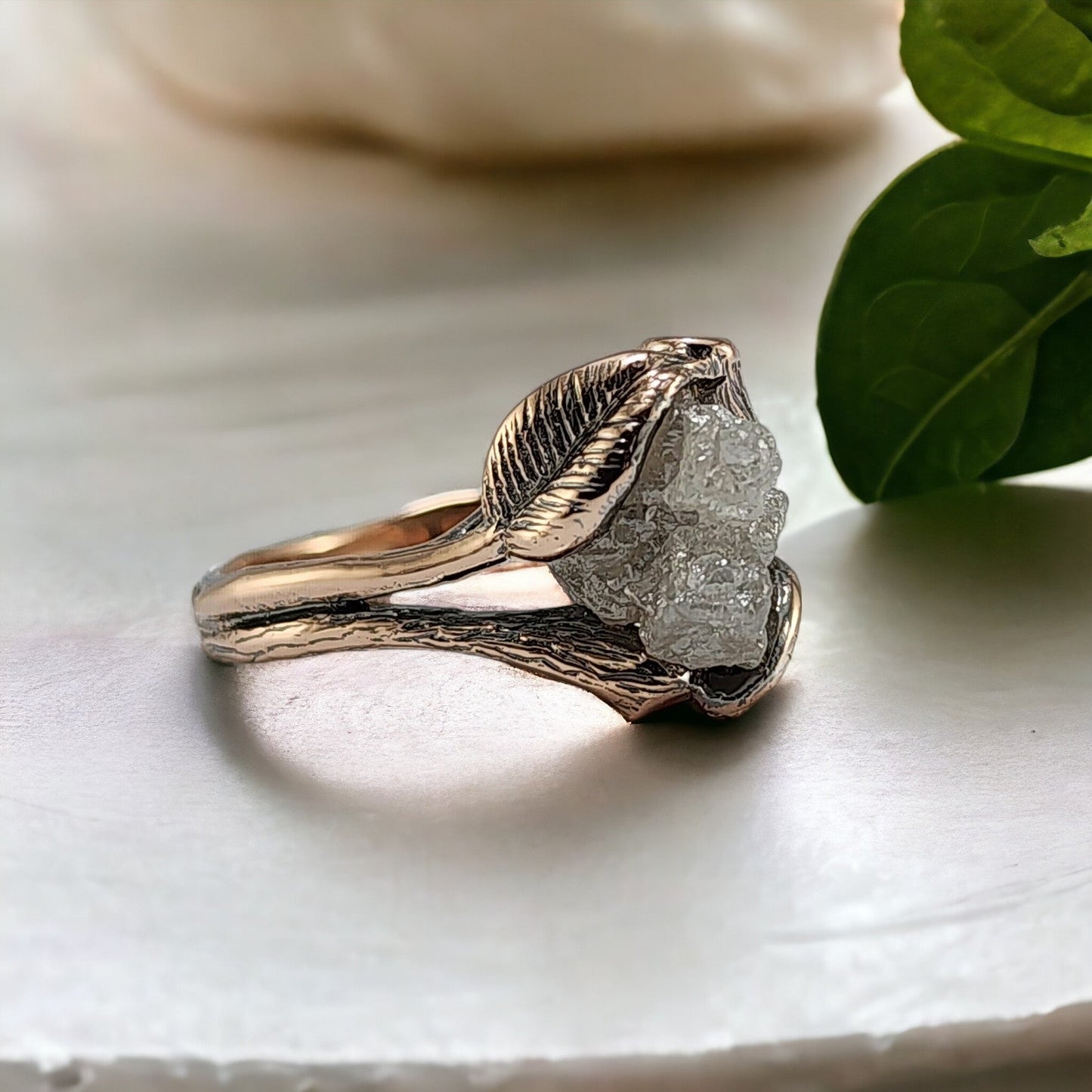 Large Floating Raw Rough Diamond Engagement Ring in 14k Rose Gold, Antiqued Finish - DV Jewelry Designs