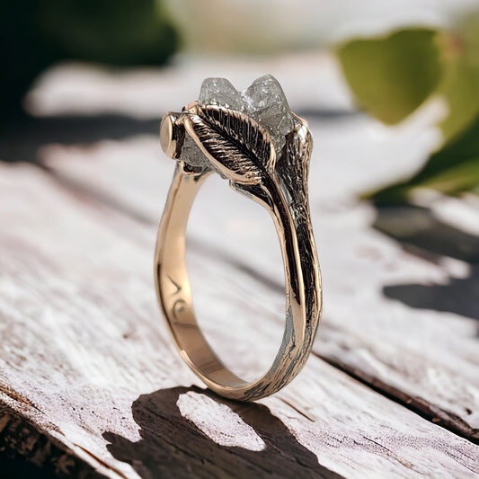 Large Floating Raw Rough Diamond Engagement Ring in 14k Rose Gold, Antiqued Finish - DV Jewelry Designs