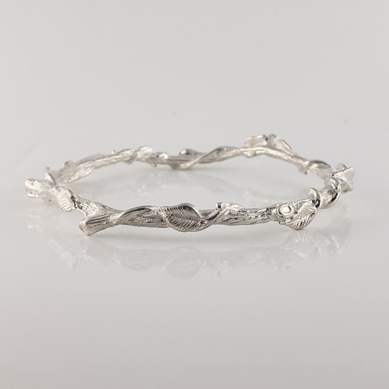 Leaf and Vine Twig Bangle Bracelet in Sterling Silver - Polished or Oxidized - by DV Jewelry Designs - DV Jewelry Designs