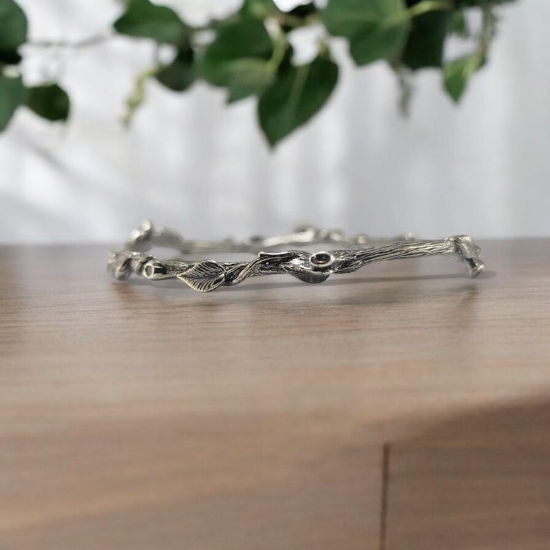 Leaf and Vine Twig Bangle Bracelet in Sterling Silver - Polished or Oxidized - by DV Jewelry Designs - DV Jewelry Designs