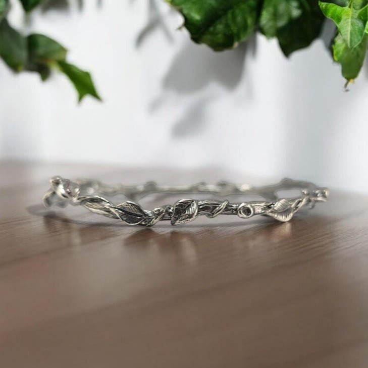 Leaf and Vine Twig Bangle Bracelet in Sterling Silver - Polished or Oxidized - by DV Jewelry Designs - DV Jewelry Designs