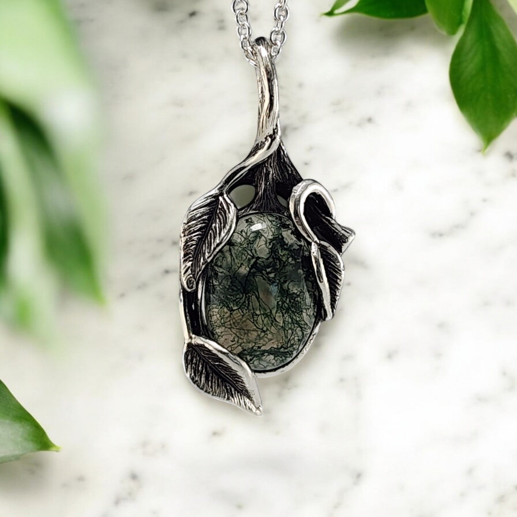 Moss Agate Gemstone Sterling Silver Leaf and Twig Style Necklace - DV Jewelry Designs