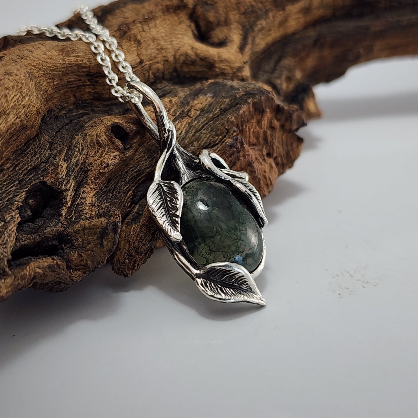 Moss Agate Gemstone Sterling Silver Leaf and Twig Style Necklace - DV Jewelry Designs