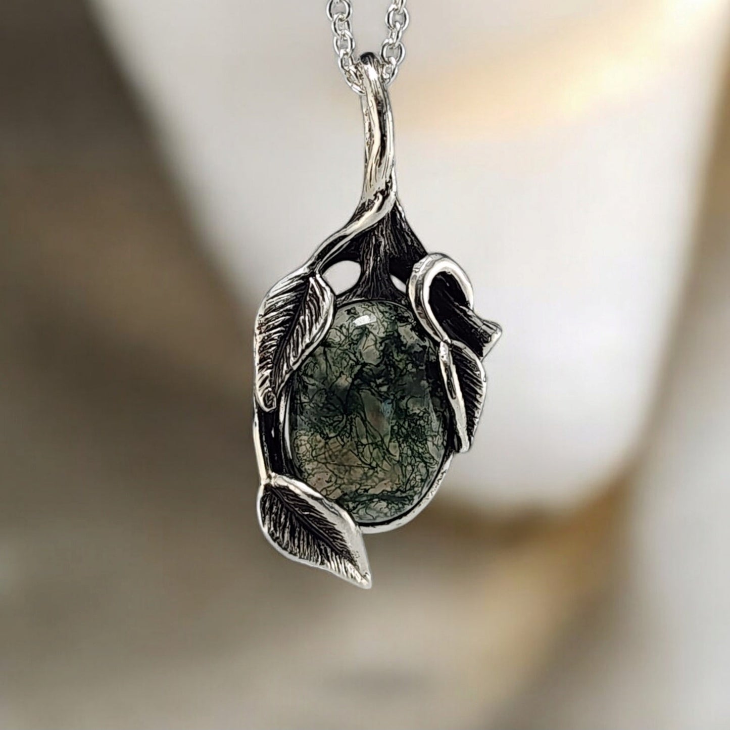 Moss Agate Gemstone Sterling Silver Leaf and Twig Style Necklace - DV Jewelry Designs