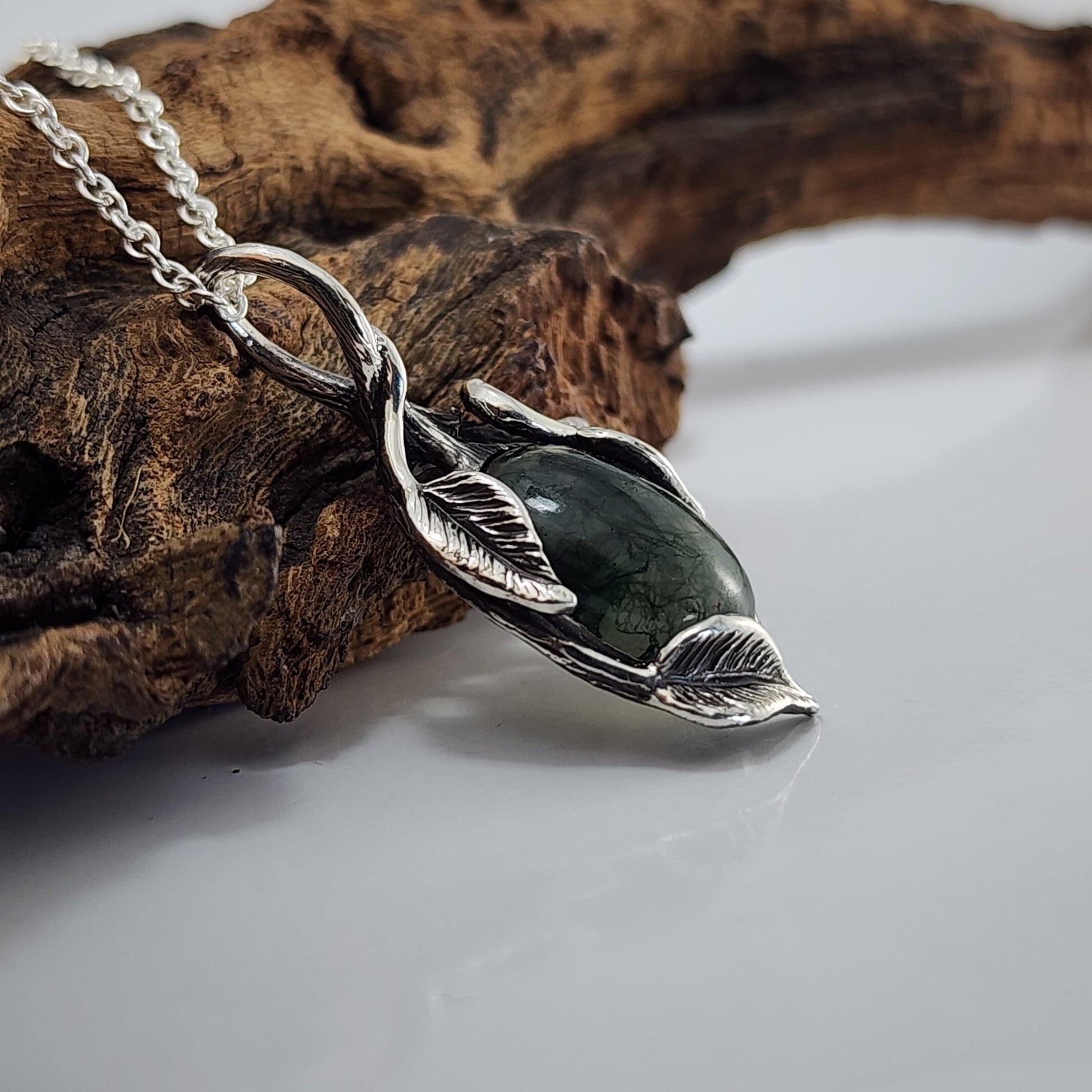 Moss Agate Gemstone Sterling Silver Leaf and Twig Style Necklace - DV Jewelry Designs