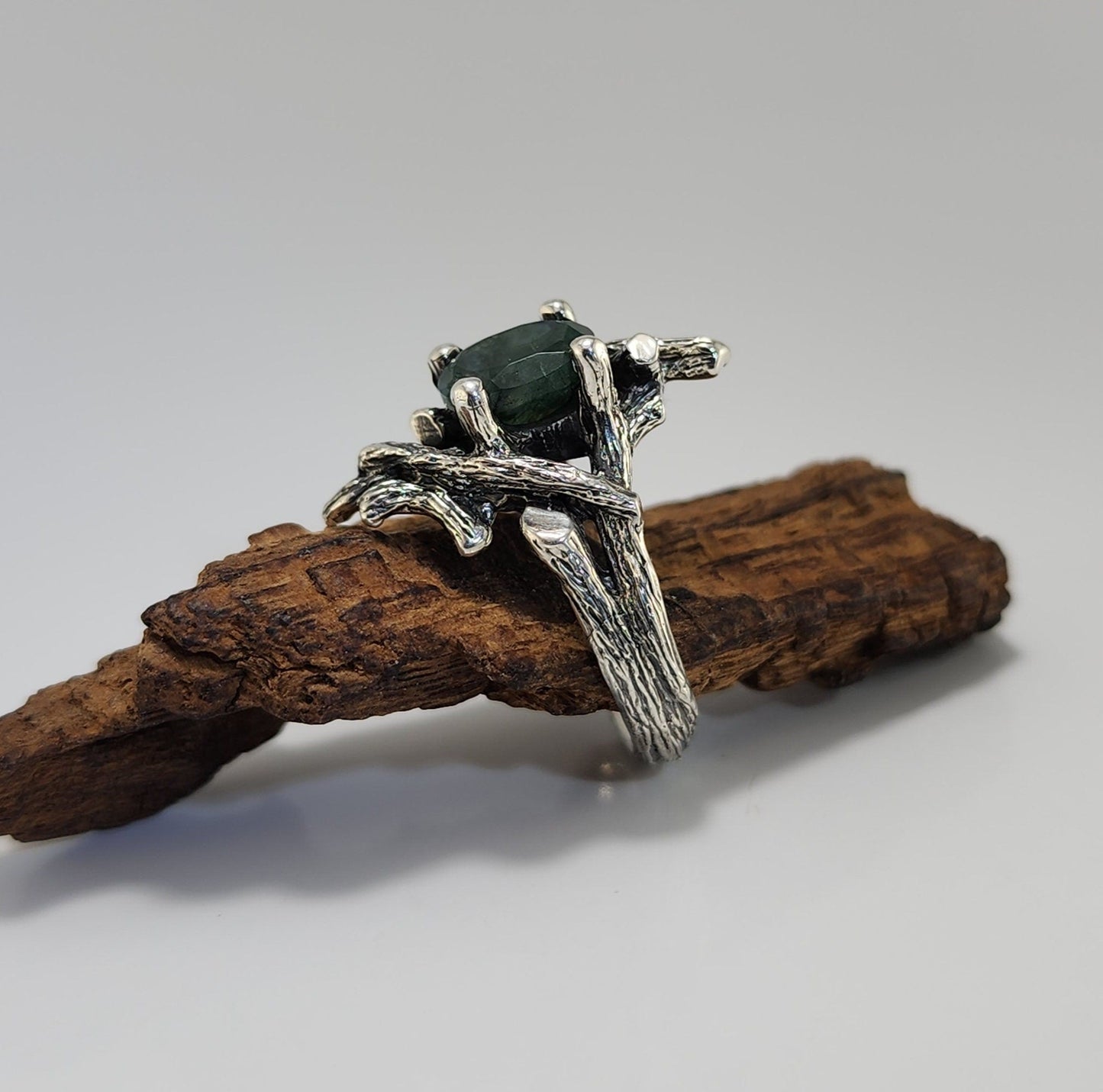 Moss Agate Gemstone Twig Textured Style Ring in Sterling Silver - DV Jewelry Designs