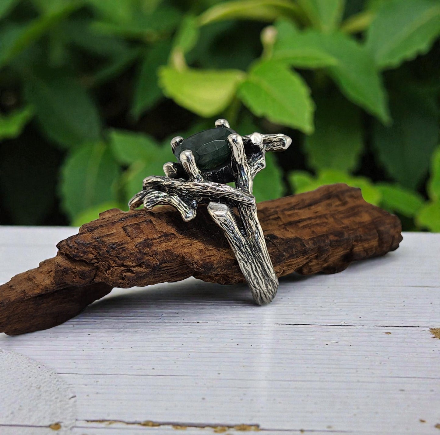 Moss Agate Gemstone Twig Textured Style Ring in Sterling Silver - DV Jewelry Designs