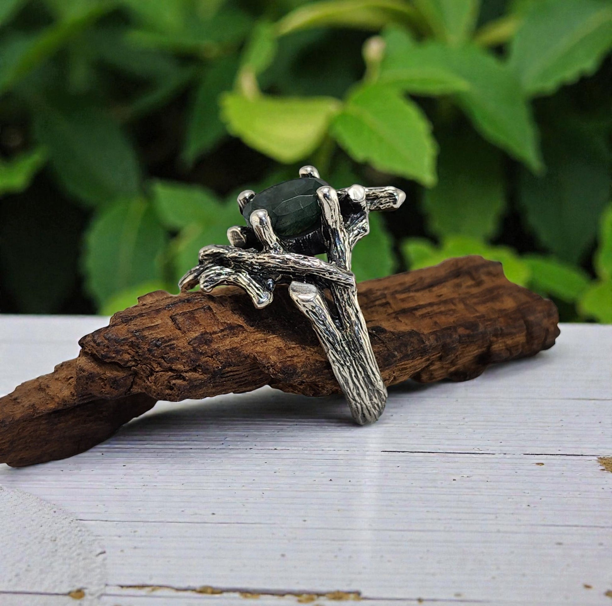 Moss Agate Gemstone Twig Textured Style Ring in Sterling Silver - DV Jewelry Designs