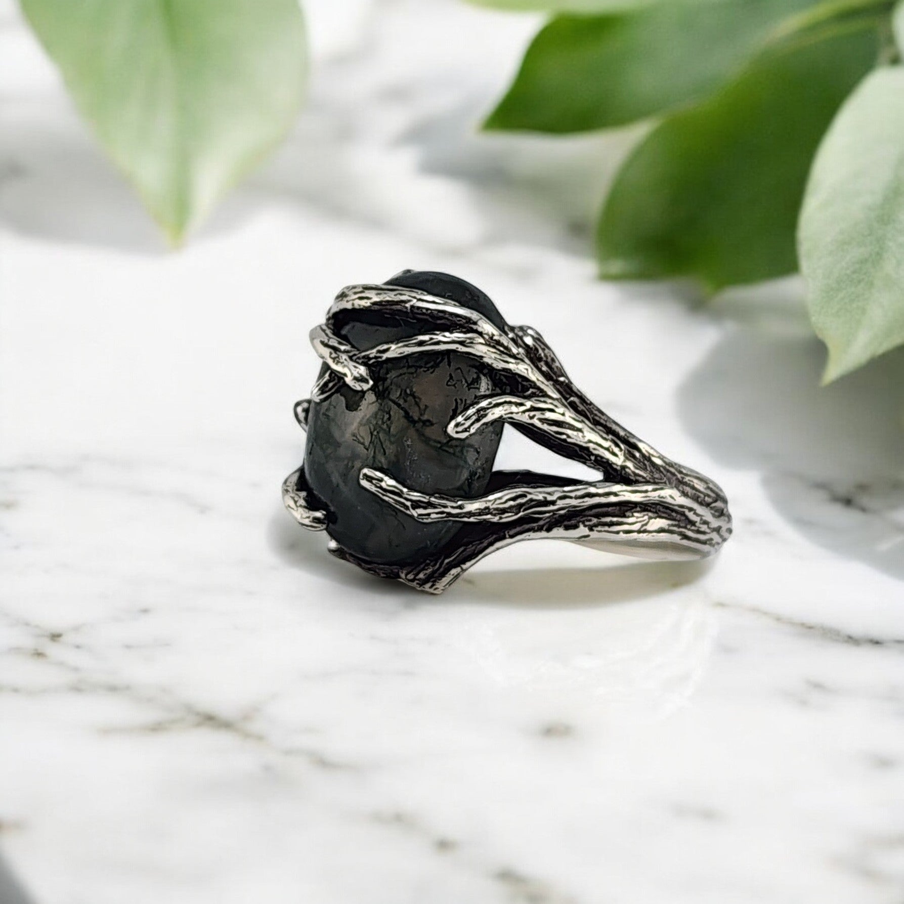 Oval Moss Agate Cabochon Gemstone Ring - DV Jewelry Designs #