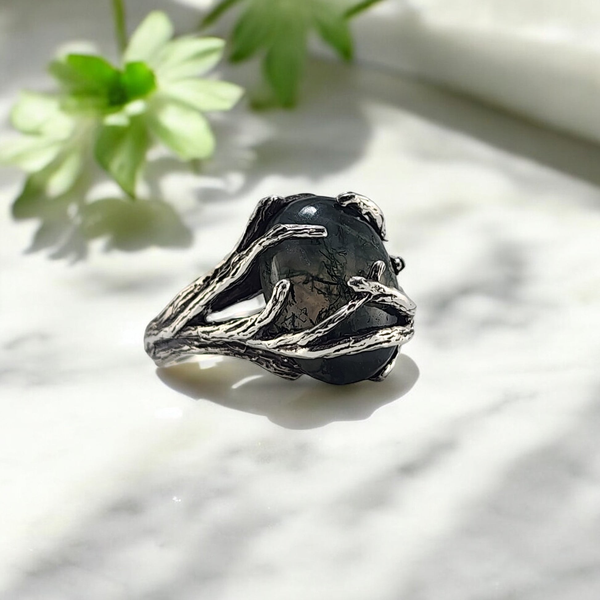 Oval Moss Agate Cabochon Gemstone Ring - DV Jewelry Designs #