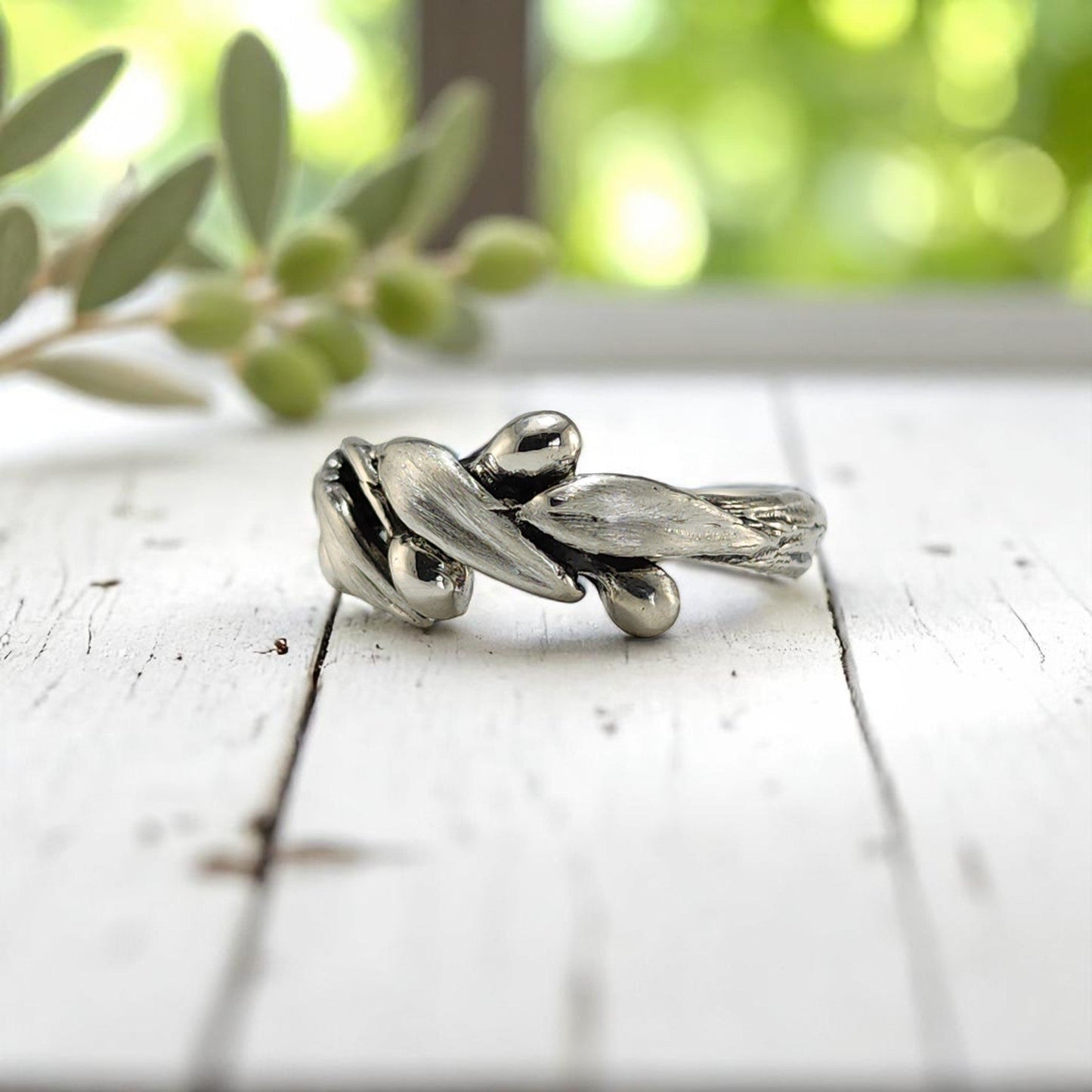 Olive Branch Leaf Statement Ring, Satin and Polished Finish - DV Jewelry Designs