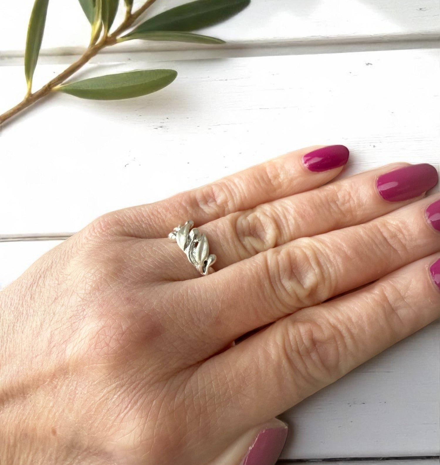 Olive Branch Leaf Statement Ring - Satin Finish - DV Jewelry Designs