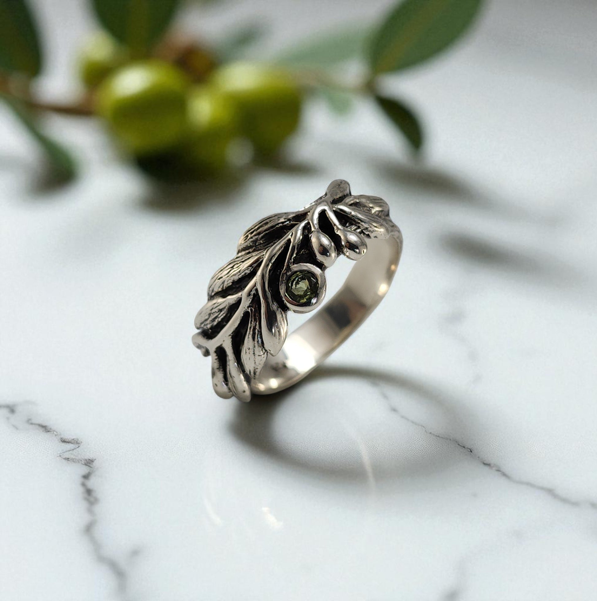 Olive Branch Ring with Round Peridot - DV Jewelry Designs #