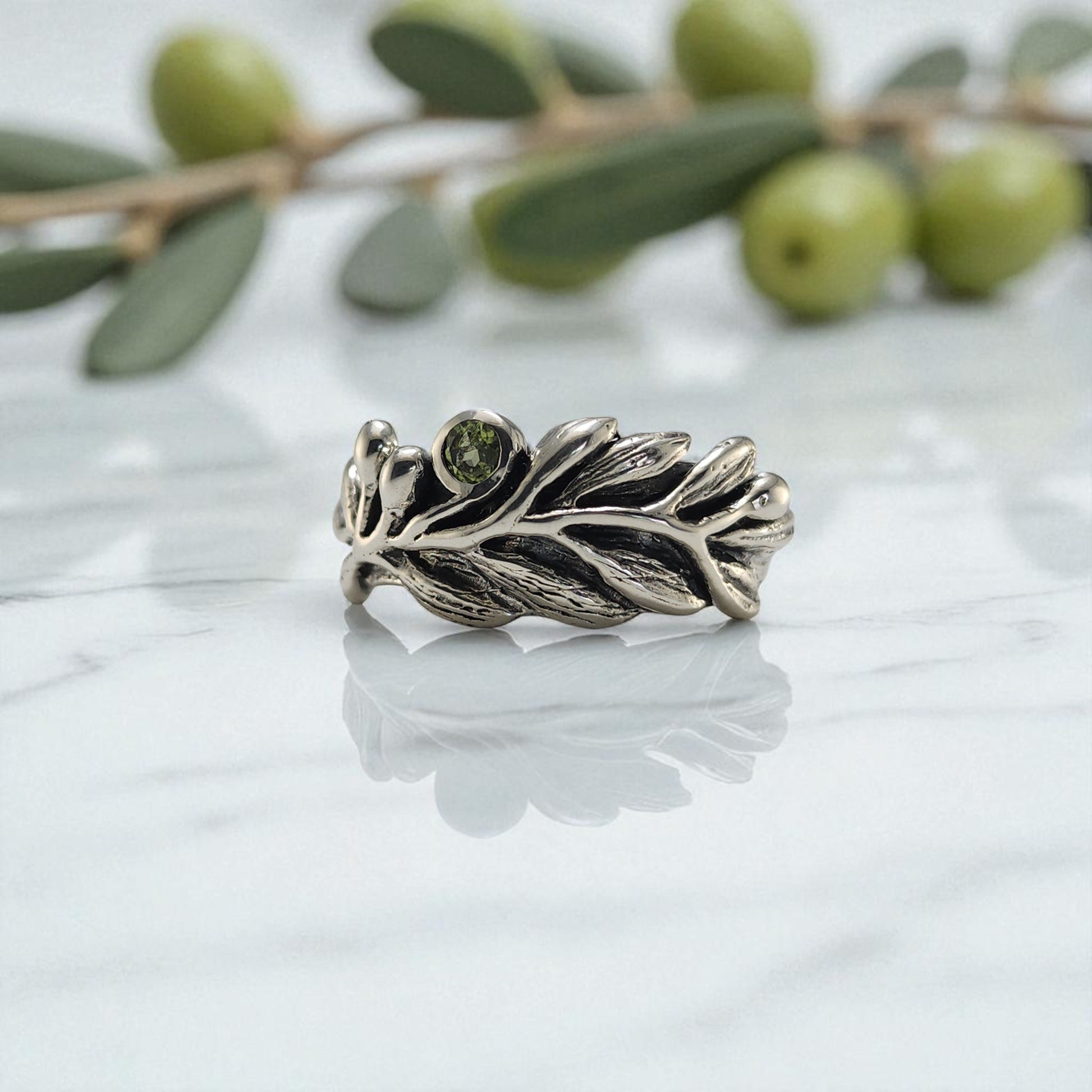 Olive Branch Ring with Round Peridot - DV Jewelry Designs #