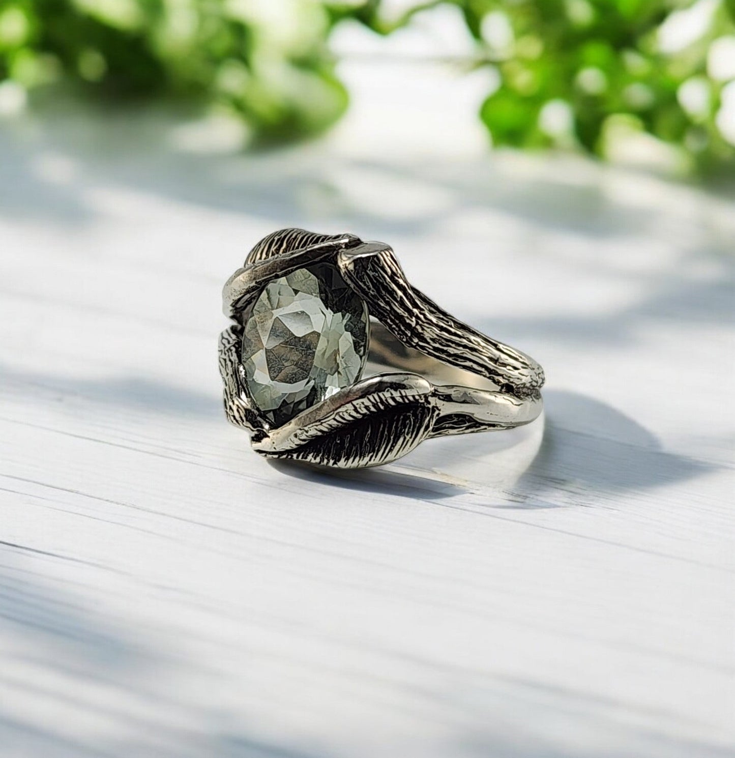 Oval Green Amethyst Gemstone Sterling Silver Ring - DV Jewelry Designs