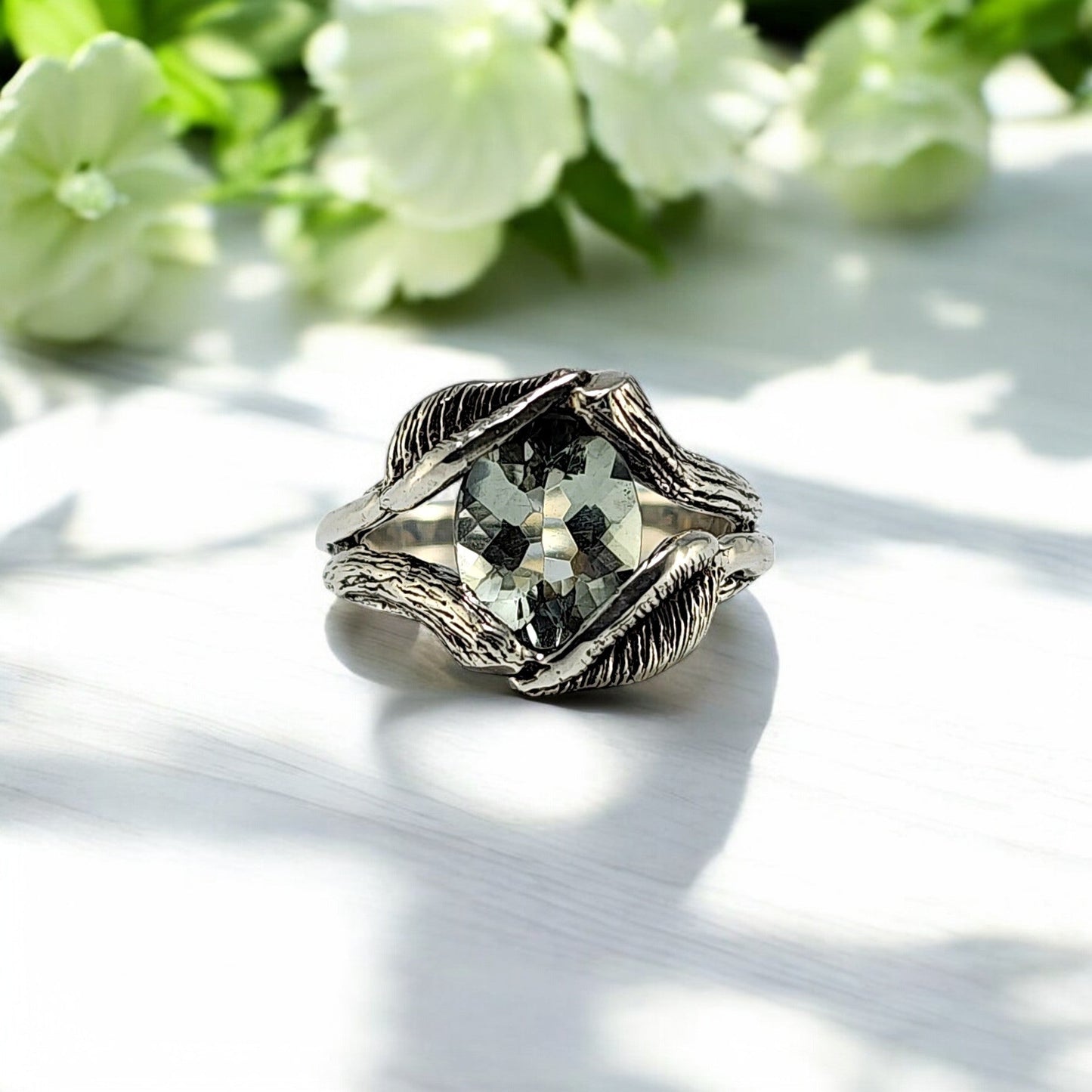 Oval Green Amethyst Gemstone Sterling Silver Ring - DV Jewelry Designs