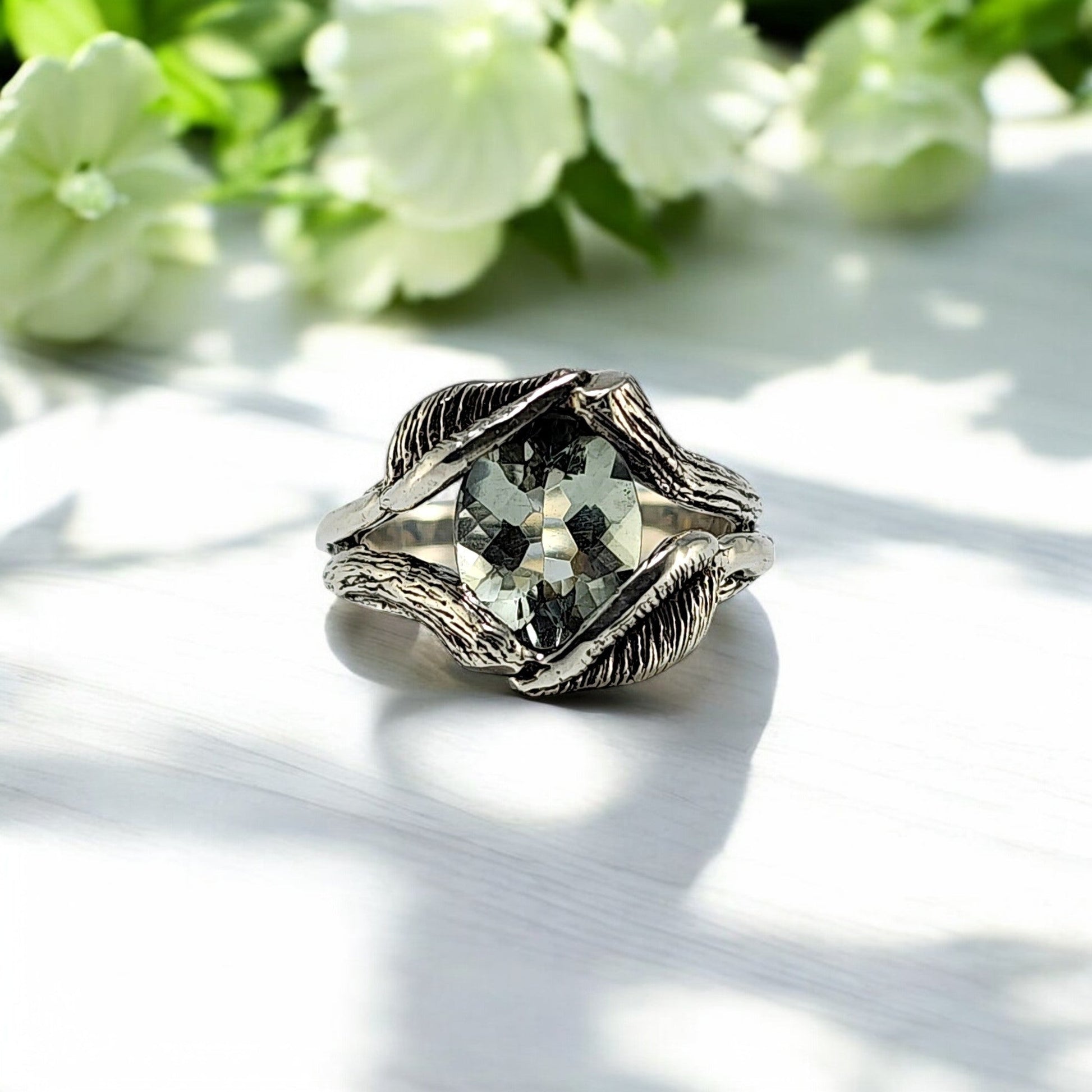Oval Green Amethyst Gemstone Sterling Silver Ring - DV Jewelry Designs