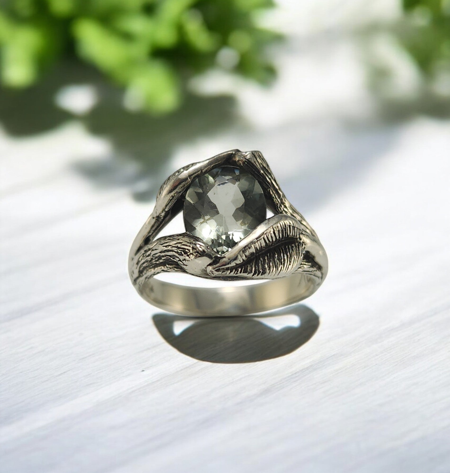 Oval Green Amethyst Gemstone Sterling Silver Ring - DV Jewelry Designs