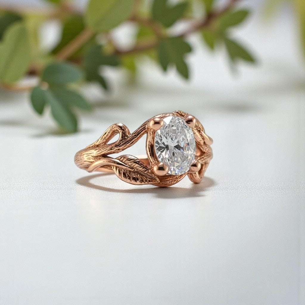 Oval Moissanite Twig Engagement Ring – Nature-Inspired Branch & Leaf Design - DV Jewelry Designs #