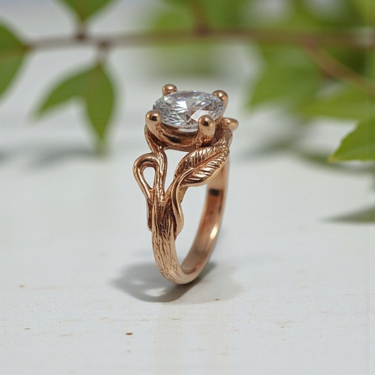 Oval Moissanite Twig Engagement Ring – Nature-Inspired Branch & Leaf Design - DV Jewelry Designs #
