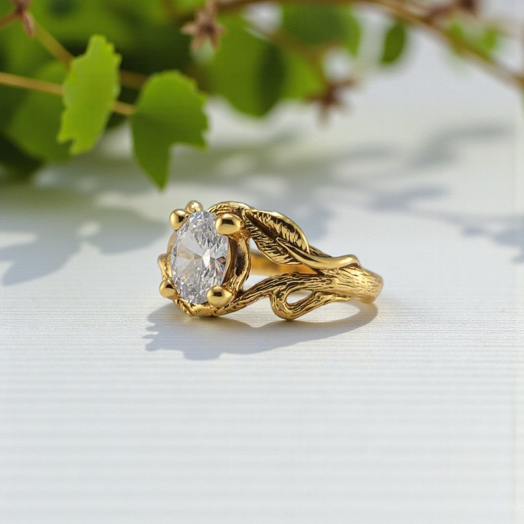 Oval Moissanite Twig Engagement Ring – Nature-Inspired Branch & Leaf Design - DV Jewelry Designs #