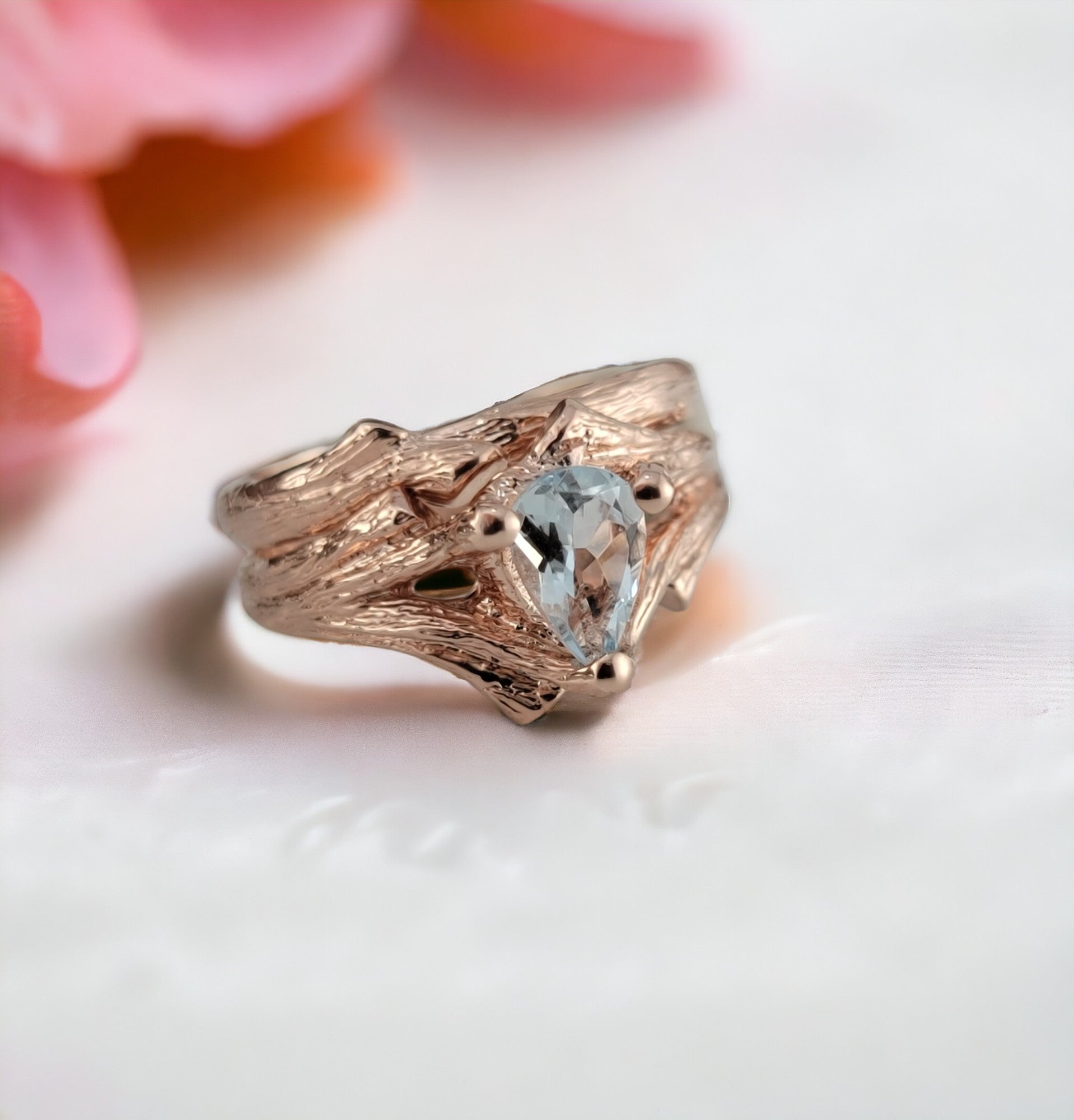 Pear Shaped Aquamarine Twig Engagement Ring or Wedding Set - DV Jewelry Designs