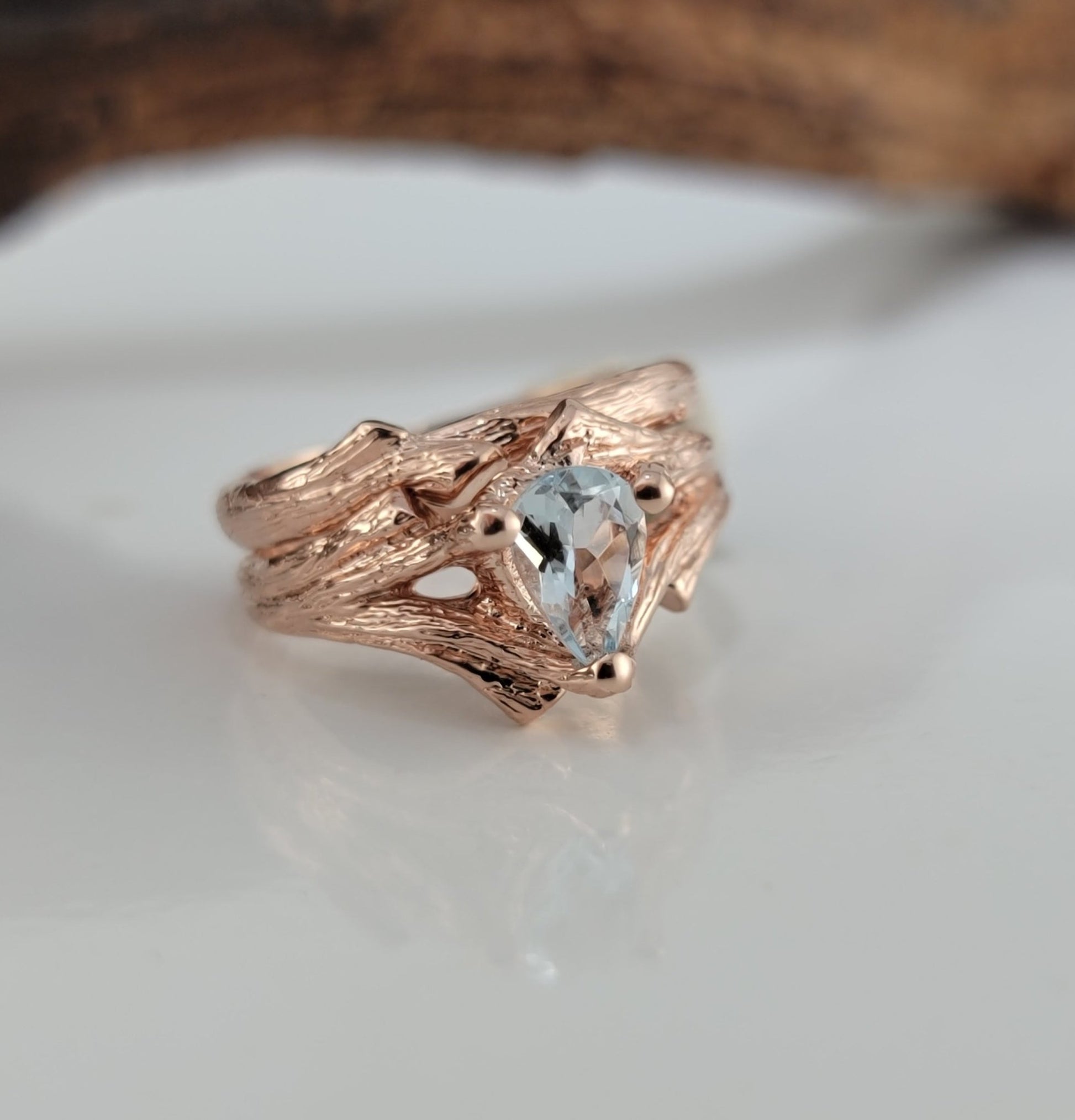 Pear Shaped Aquamarine Twig Engagement Ring or Wedding Set - DV Jewelry Designs