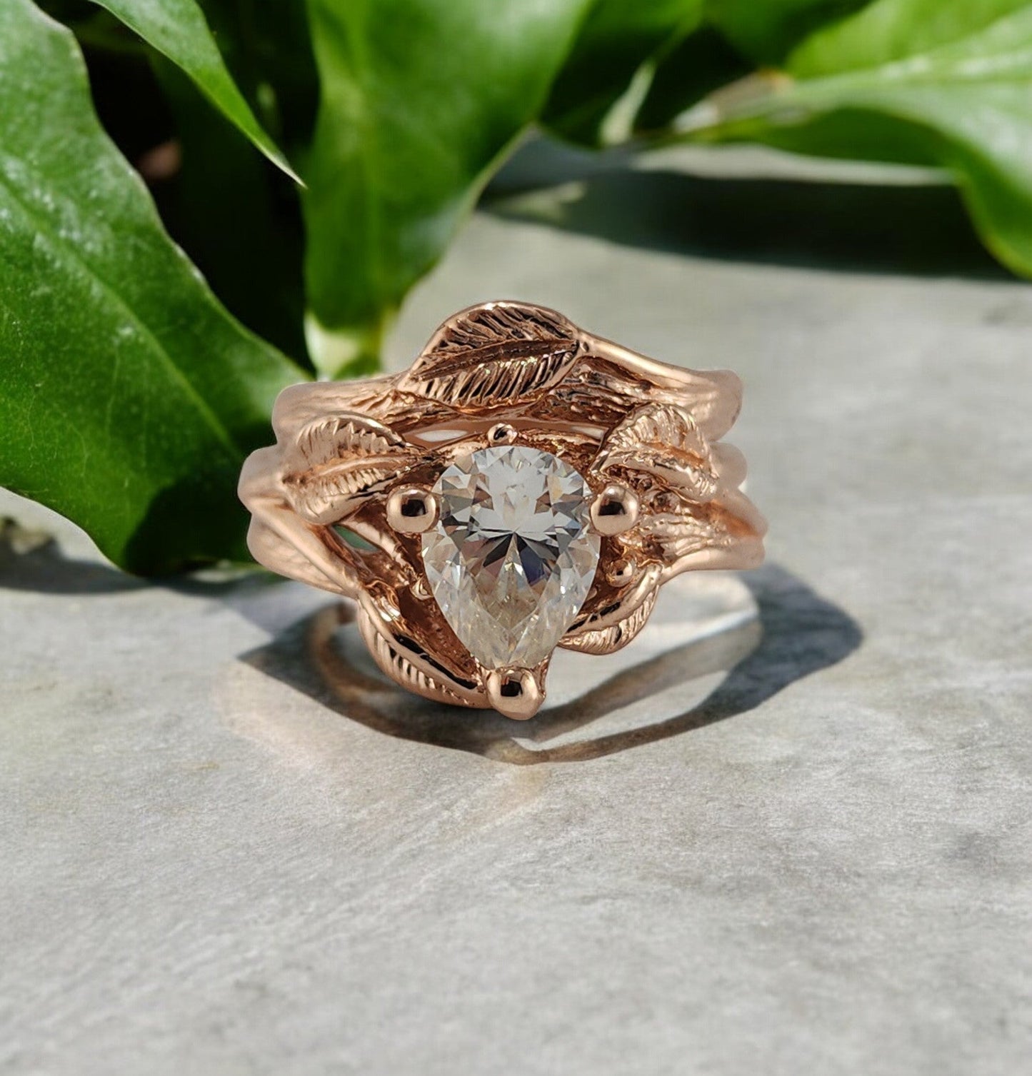 Pear Shaped Moissanite Twig Solid Gold Wedding Ring Set - DV Jewelry Designs